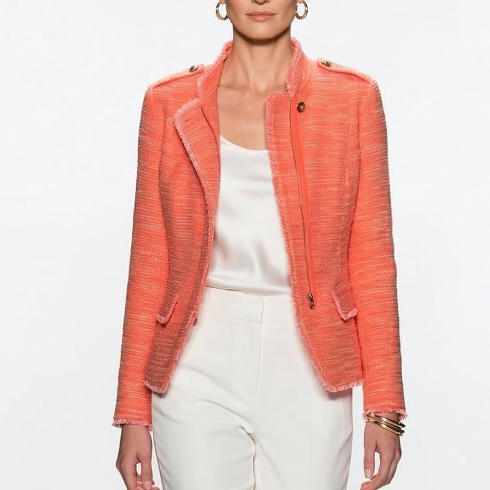 Chicos Textured Fringe Jacket Garibaldi Orange Zip Front 0